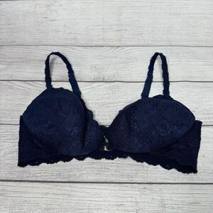 Cosabella Never Navy Blue Lace Front Closure Padded Push Up Underwire Bra Sz 36D